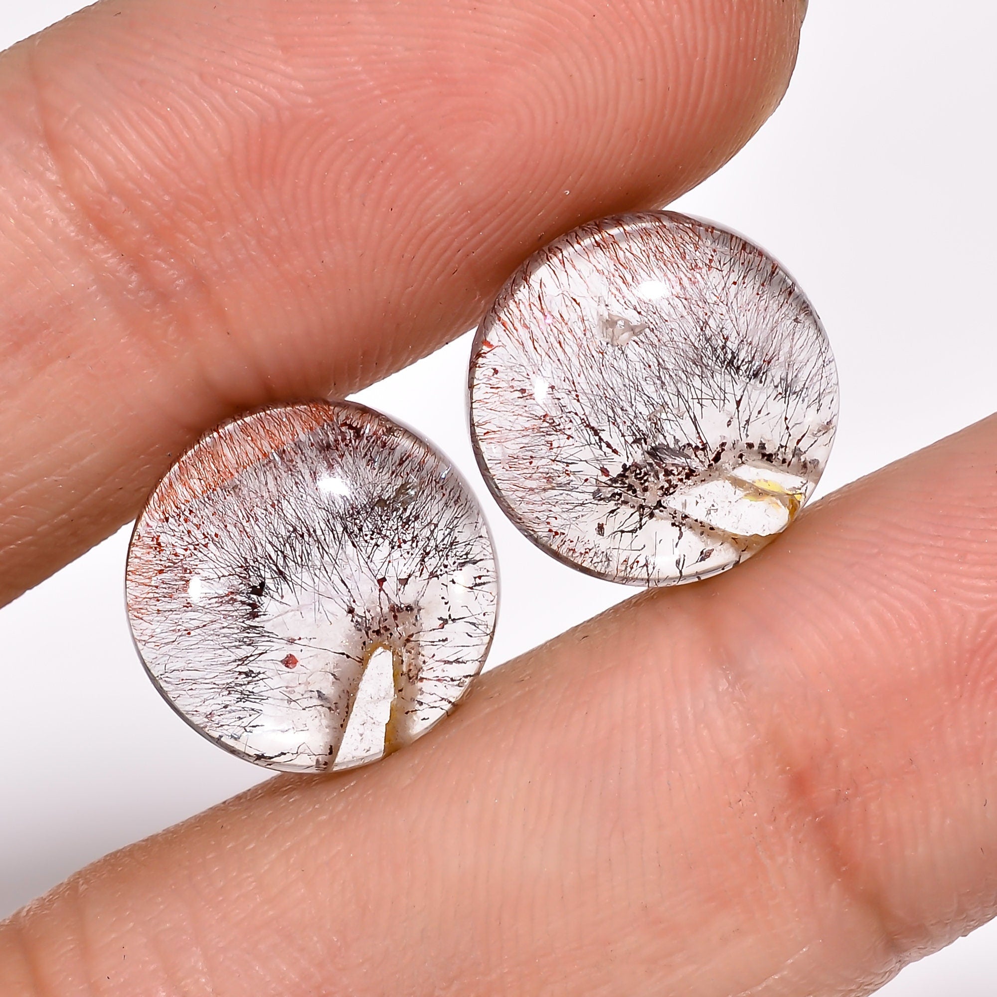 elestial quartz with lepidocrocite round shape cabochon natural loose gemstone pair